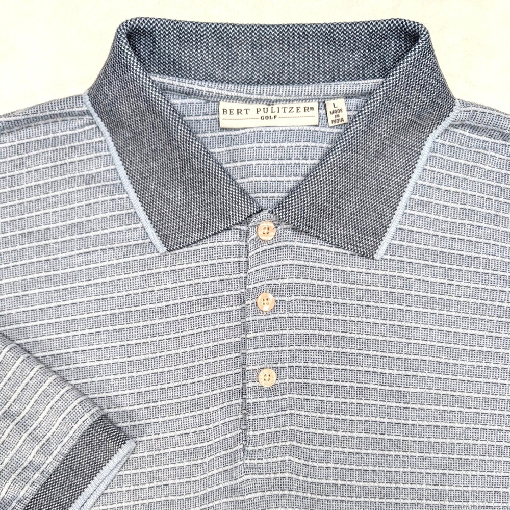Bert Pulitzer Golf Mens Blue Striped Short Sleeve Polo Shirt Large BV 40353 S‎